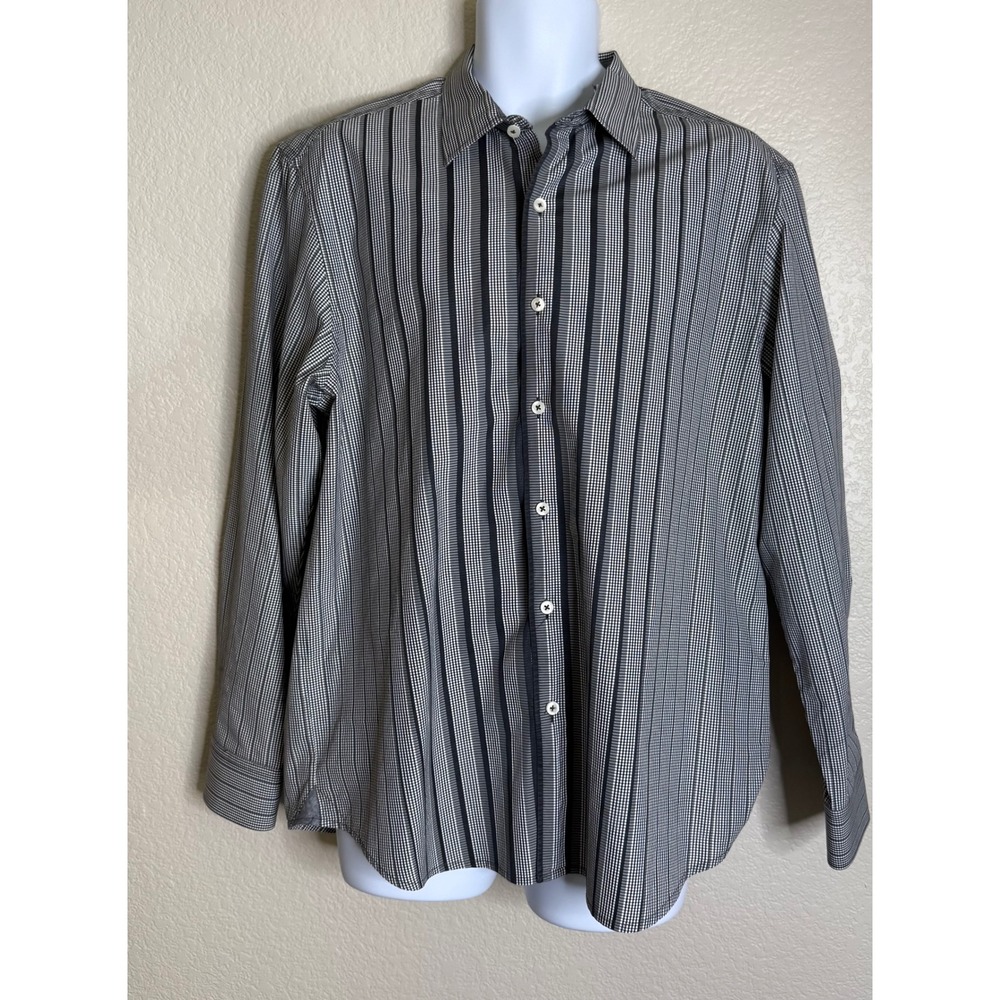 Tommy Bahama Mens Large Shirt Black White Micro Check Striped Island‎ Modern Fit
